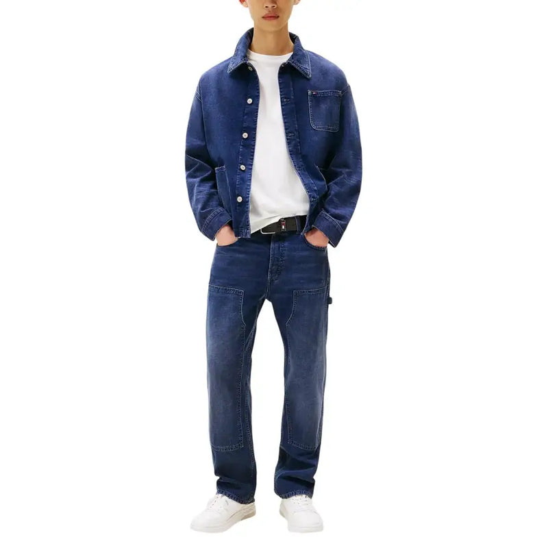 Tommy hilfiger men blue organic cotton jeans paired with dark blue denim jacket with button closures and chest pocket
