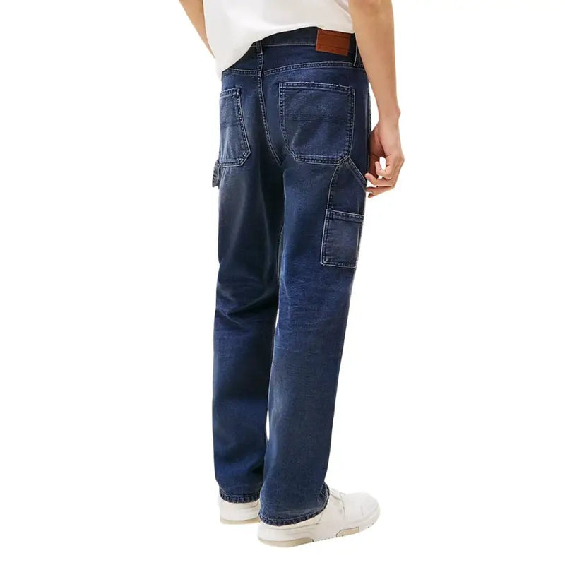 Tommy hilfiger men blue organic cotton denim cargo pants with large patch pockets and brown leather brand tab