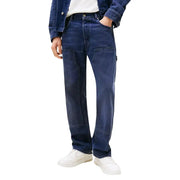 Tommy Hilfiger men blue organic cotton jeans with dark blue denim, reinforced patch pockets, and straight-leg cut back view
