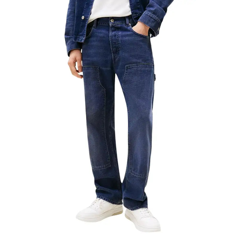 Tommy Hilfiger men blue organic cotton jeans with dark blue denim, reinforced patch pockets, and straight-leg cut back view