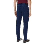 Tommy Hilfiger men blue organic cotton slim fit denim jeans showing the classic back pockets and dark blue color