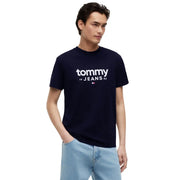 Navy blue Tommy Hilfiger men organic cotton t shirt with white Tommy 19 jeans 85 logo and flag emblem on the chest