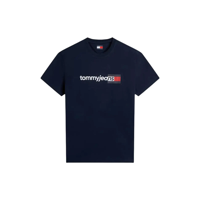 Marineblaues Tommy Hilfiger Herren-T-Shirt aus Bio-Baumwolle mit weißem und rotem Logo auf der Brust