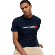 Marineblaues Tommy Hilfiger Herren-T-Shirt aus Bio-Baumwolle mit weißem und rotem Logo auf der Brust