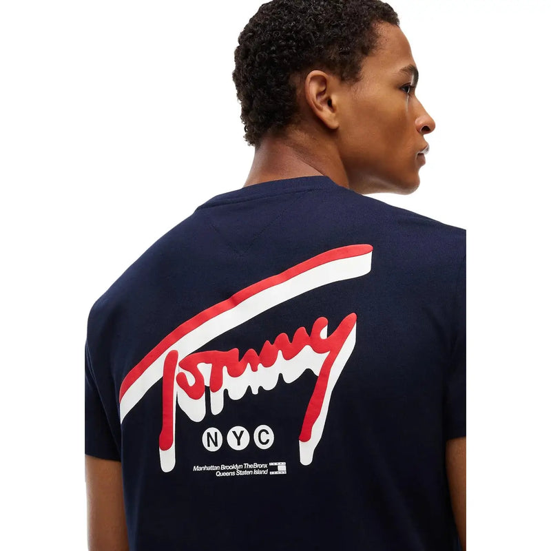 Tommy Hilfiger Herren-T-Shirt aus blauer Bio-Baumwolle mit marineblauem Stoff und auffälligem rot-weiß-schwarzem Logo mit NYC-Schriftzug