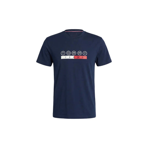 Marineblaues Tommy Hilfiger Herren-T-Shirt aus Bio-Baumwolle mit weißem und rotem Logo auf der Brust