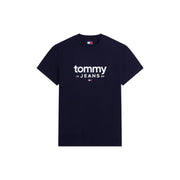 Navy blue tommy hilfiger men organic cotton t-shirt with white tommy 19 jeans 85 logo and brand tag on front