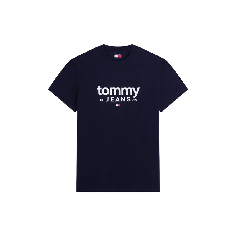 Navy blue tommy hilfiger men organic cotton t-shirt with white tommy 19 jeans 85 logo and brand tag on front