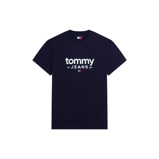 Marineblaues Tommy Hilfiger Herrenhemd aus Bio-Baumwolle t-shirt mit weißem Tommy 19 Jeans 85 Logo und Markenetikett auf der Vorderseite