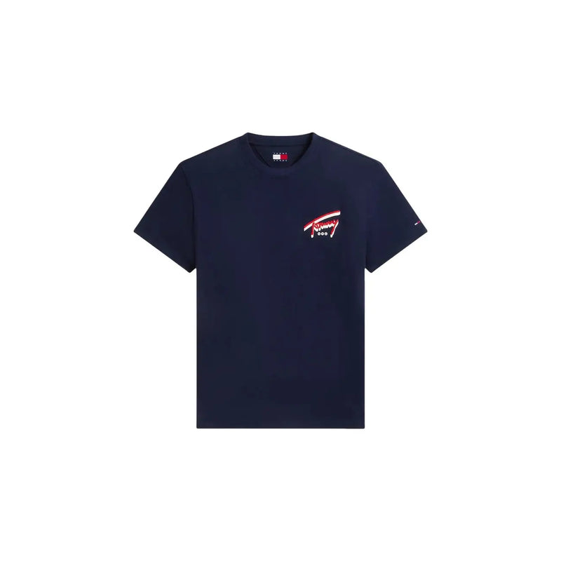 Marineblau Tommy Hilfiger Kurzarm-T-Shirt für Herren aus Bio-Baumwolle mit rot-weiß-blauem Logo-Stickerei auf der linken Brustseite