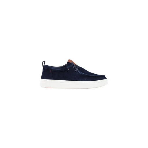 Tommy Hilfiger men blue suede moccasin slip-on shoes with white rubber sole and tan leather accents