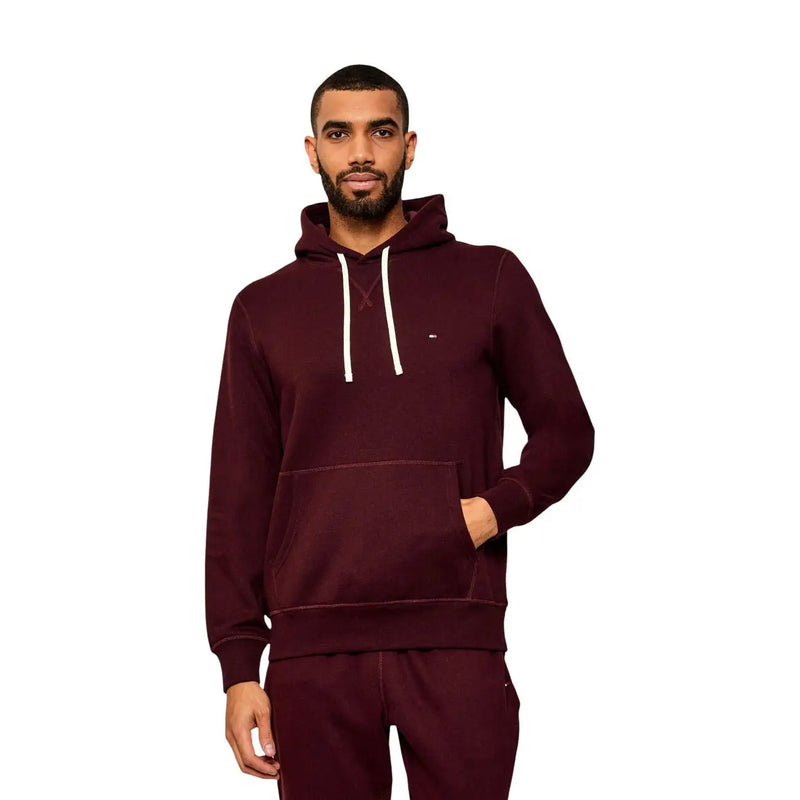 Tommy Hilfiger Herren-Hoodie in Bordeauxrot aus Baumwollmischgewebe mit weißen Kordelzügen und kleinem Logo auf der Brust