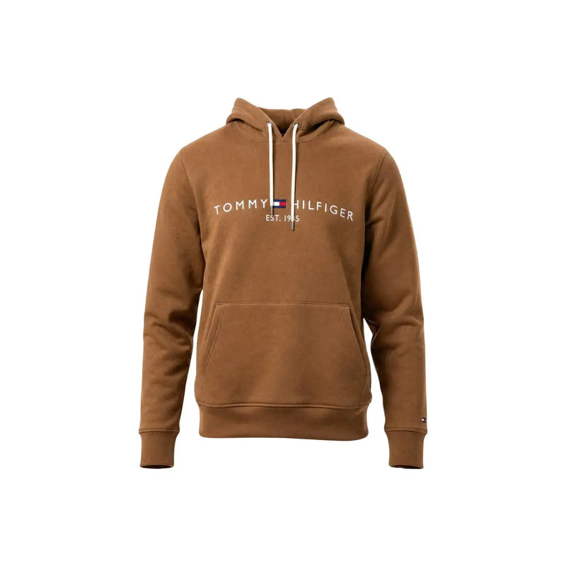 Tommy Hilfiger Brauner Herren-Hoodie aus Baumwolle mit weißen Kordelzügen und Vordertasche für die Freizeit.