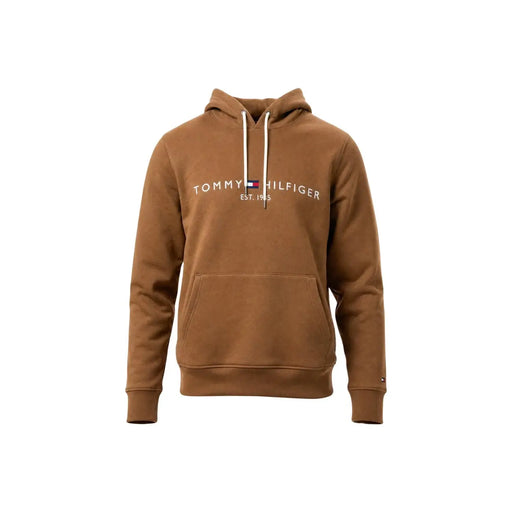 Tommy Hilfiger men brown cotton hoodie sweatshirt with white drawstrings and front pocket for casual wear