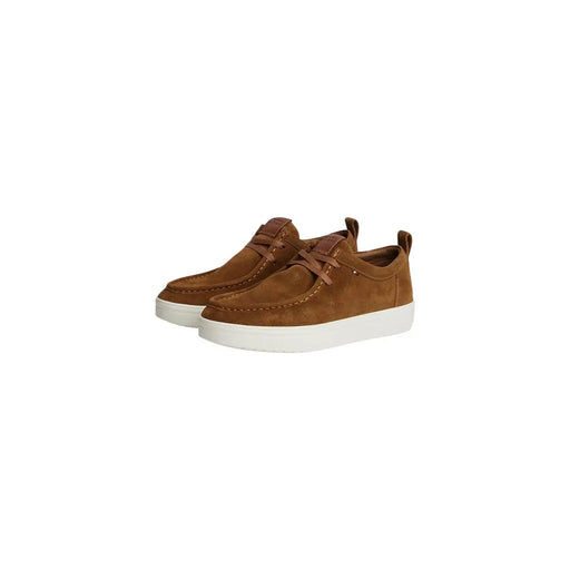Tommy Hilfiger men brown suede mocassins slip with white rubber soles and matching brown laces