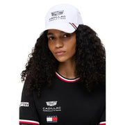 Tommy Hilfiger men white polyester replica cap with black Cadillac logo and red blue striped brim detailing