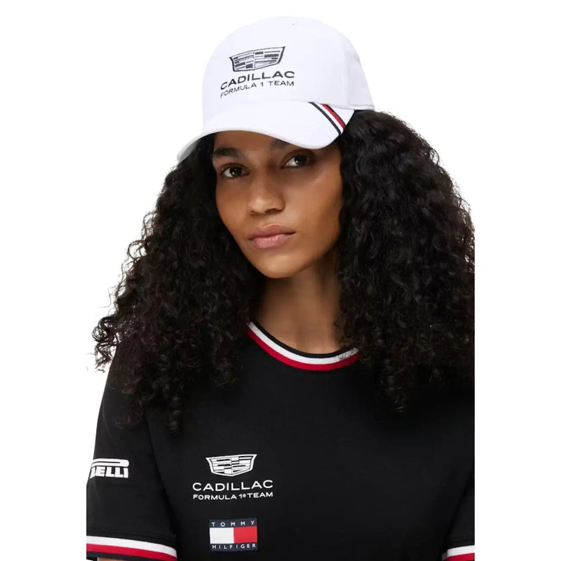 Tommy Hilfiger men white polyester replica cap with black Cadillac logo and red blue striped brim detailing