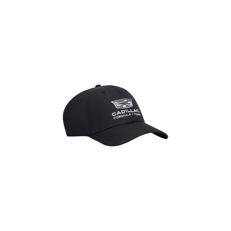 Black polyester Tommy Hilfiger men cap with white embroidered Cadillac Formula 1 team logo and text
