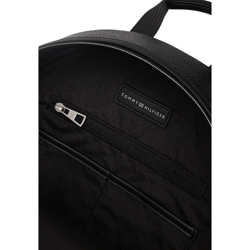 Tommy Hilfiger men central backpack black textured leather polyurethane with silver zipper 45cm