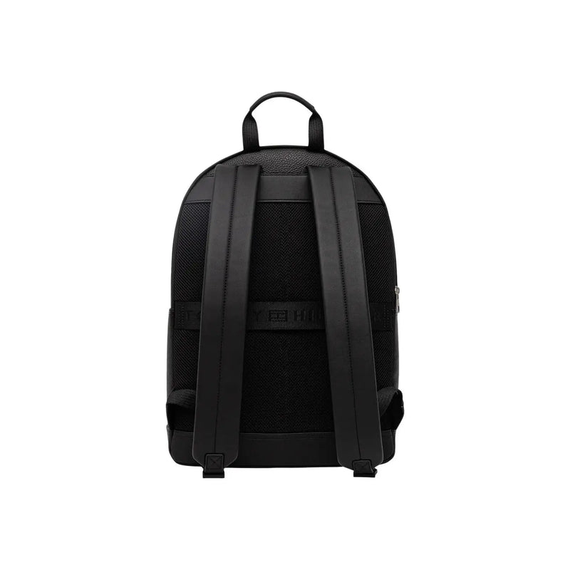 Black tommy hilfiger men central backpack with textured leather straps and mesh panels made of polyurethane