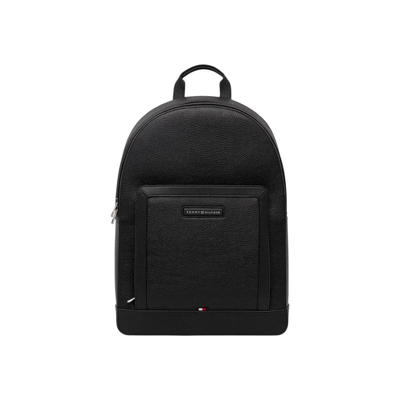 Tommy Hilfiger men central backpack in black textured polyurethane leather with front zippered pocket and top handle