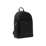 Black textured leather tommy hilfiger men central backpack with front zippered pocket and silver-toned hardware