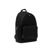 Tommy Hilfiger men central backpack black textured leather with silver zippers and small front logo in polyurethane