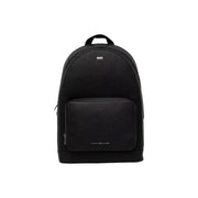 Black textured leather tommy hilfiger men central backpack with front zippered pocket and subtle brand logo