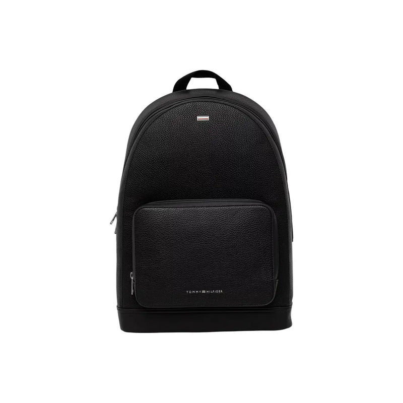 Black textured leather tommy hilfiger men central backpack with front zippered pocket and subtle brand logo