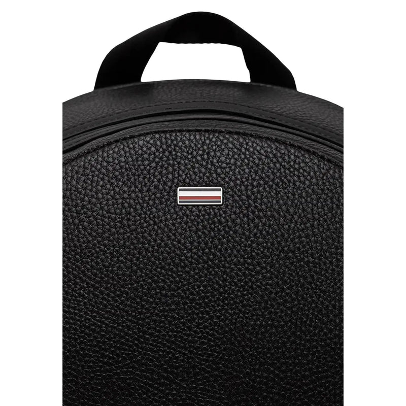 Tommy Hilfiger men central backpack black textured leather with silver logo patch featuring red and white stripes