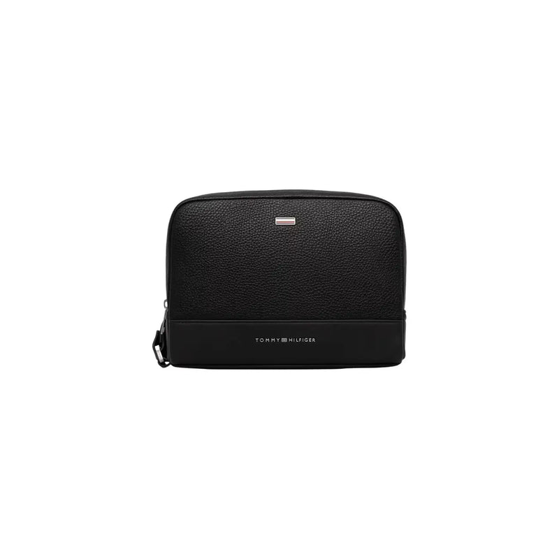 Black textured leather Tommy Hilfiger men central pouch toiletry bag with sleek rectangular design and subtle logo on front