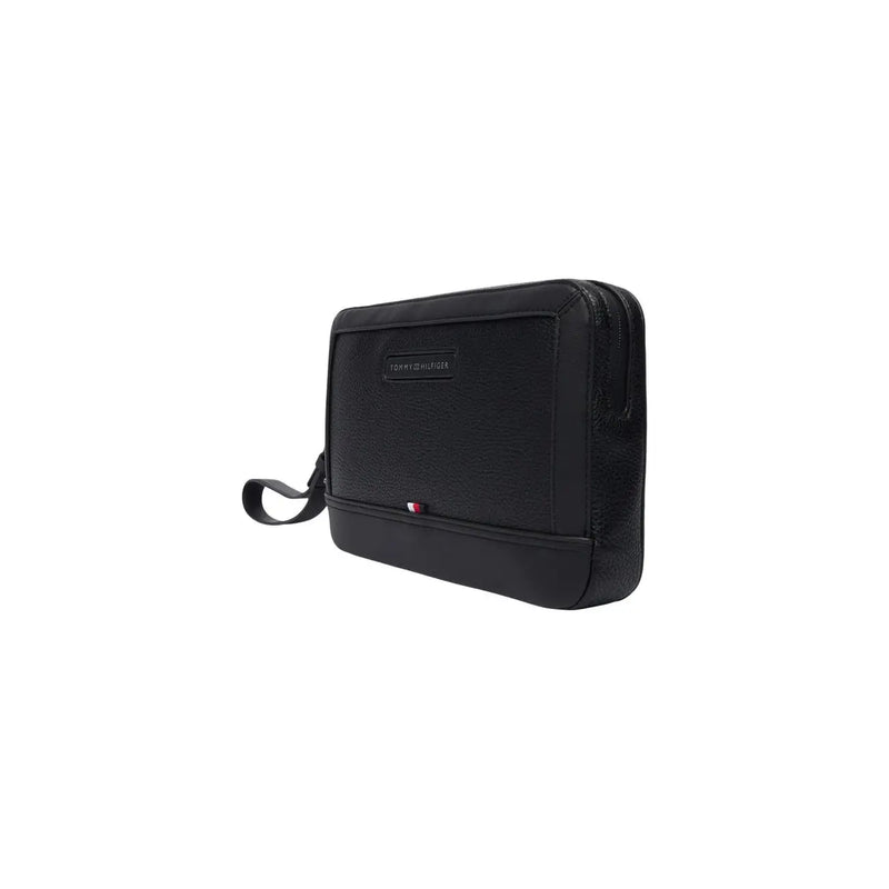 Tommy Hilfiger men central pouch black leather clutch with wrist strap and zipper closure in polyurethane w27 size