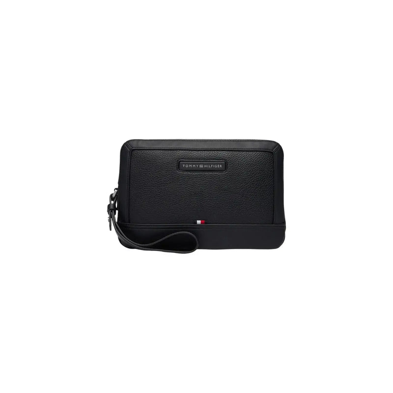 Black textured leather tommy hilfiger men central pouch with subtle logo plaque and matching strap in size w27 polyurthane