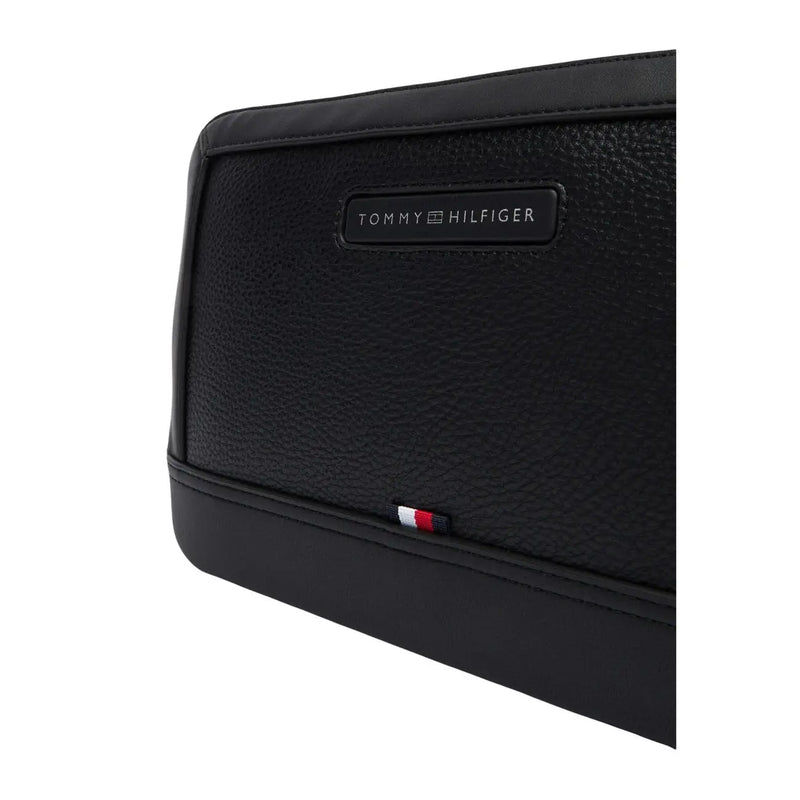 Black textured leather tommy hilfiger clutch with subtle embossed logo and signature flag tab size w27 polyurethane pouch