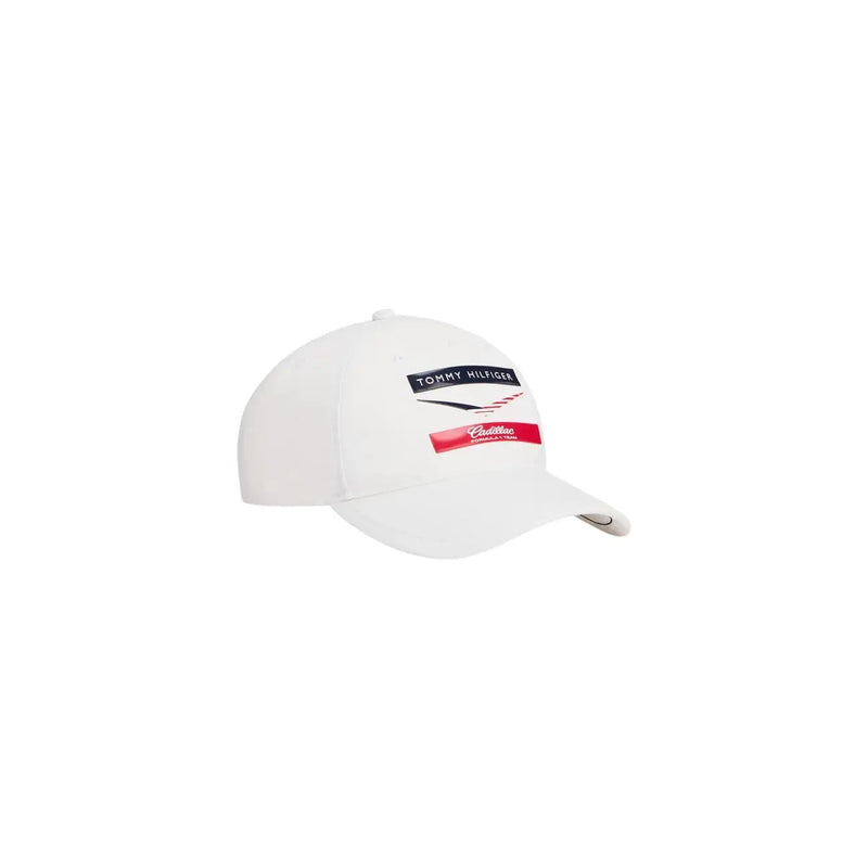 White tommy hilfiger men chevron print polyester baseball cap with black and red logo patch featuring tommy hilfiger text
