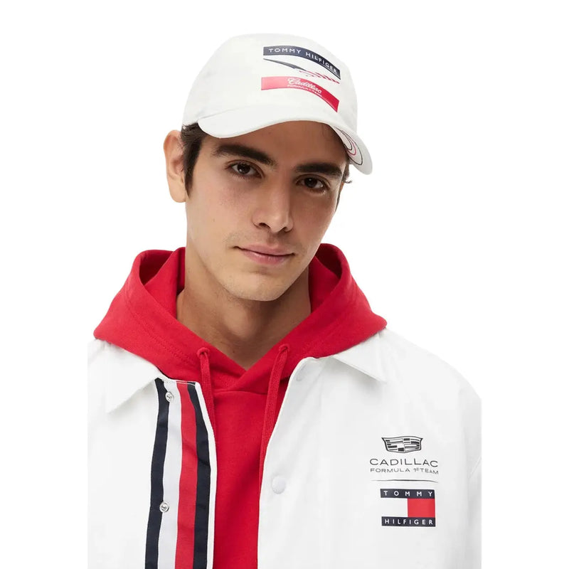 White tommy hilfiger men chevron print polyester baseball cap with red and black logo patches
