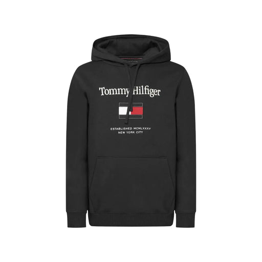 Black tommy hilfiger men cotton blend hoodie with white logo and flag emblem established mcmxxxv new york city text