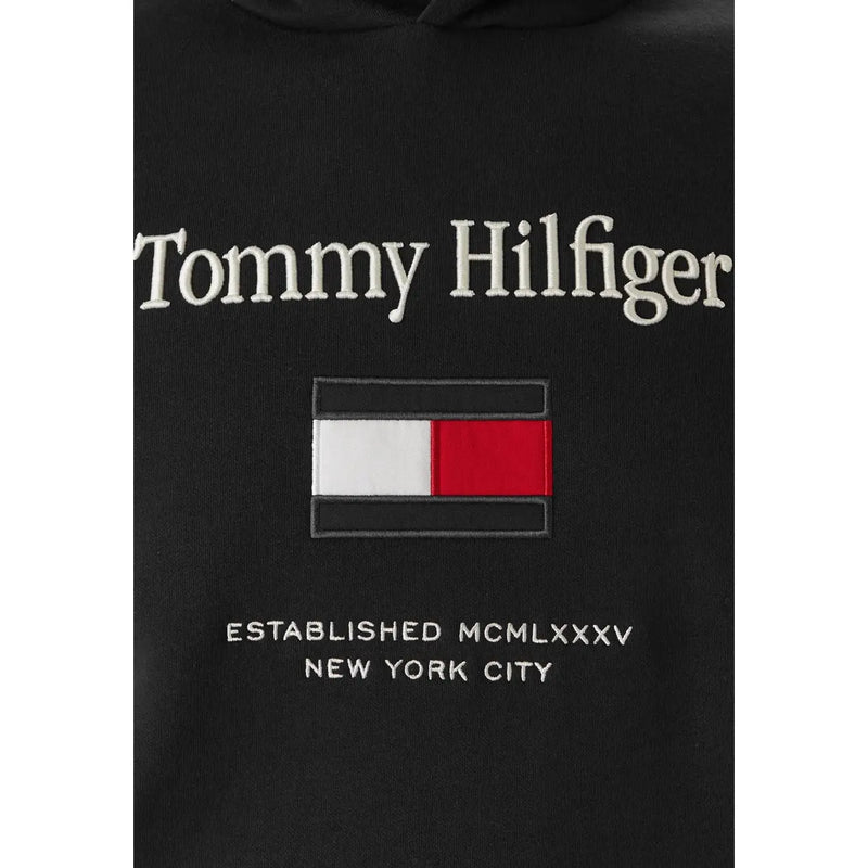Schwarz Tommy Hilfiger Herren-Sweatshirt aus Baumwollmischgewebe mit weißem, gesticktem Logo und einem rot-weiß-schwarzen Flaggenaufnäher
