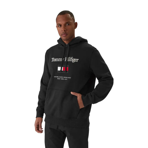 Black tommy hilfiger men cotton blend sweatshirt featuring a white logo and flag emblem on the chest