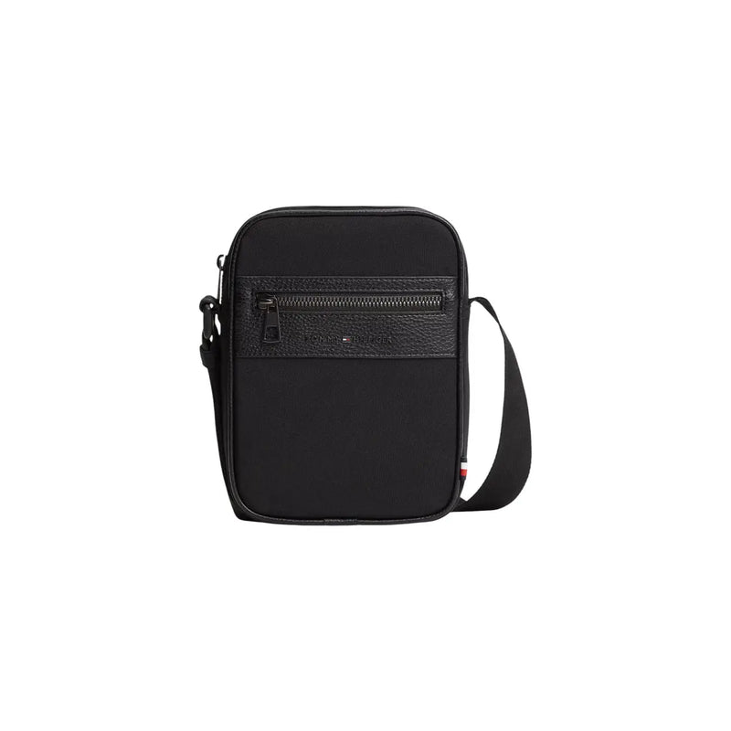 Black tommy hilfiger men faux leather mini reporter bag with textured front panel and zipper detail size w15cm