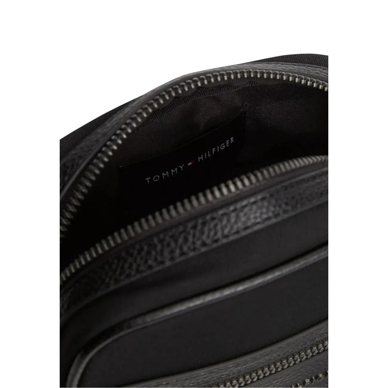 Tommy Hilfiger men faux leather mini reporter bag in black with textured leather and silver-toned zipper detail