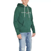 Tommy Hilfiger men green cotton hoodie sweatshirt with white drawstrings and front pocket