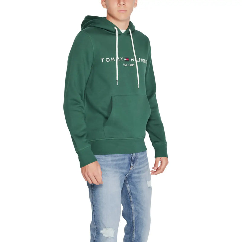 Tommy Hilfiger men green cotton hoodie sweatshirt with white drawstrings and front pocket