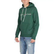 Tommy Hilfiger men green cotton hoodie sweatshirt with dark green color white drawstrings and front pocket