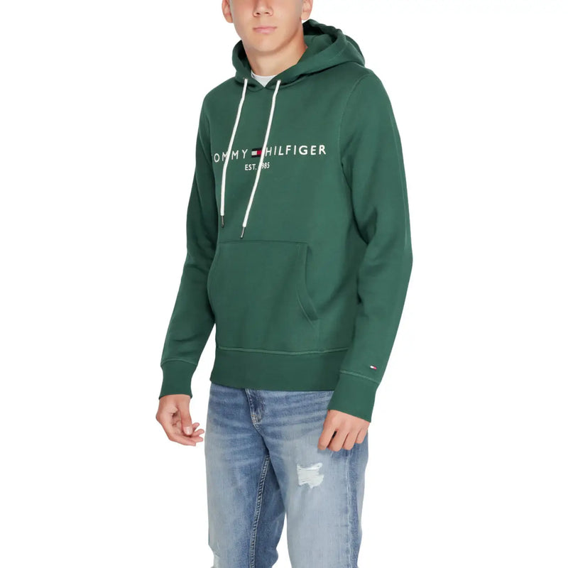 Tommy Hilfiger men green cotton hoodie sweatshirt with dark green color white drawstrings and front pocket