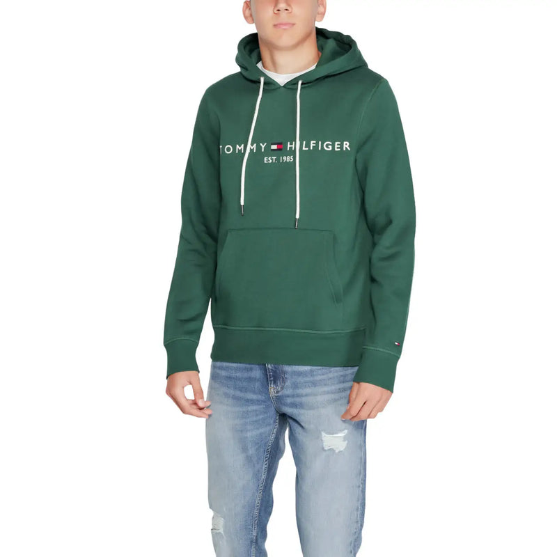 Tommy Hilfiger men green cotton hoodie sweatshirt with white drawstrings and front pocket in dark green color