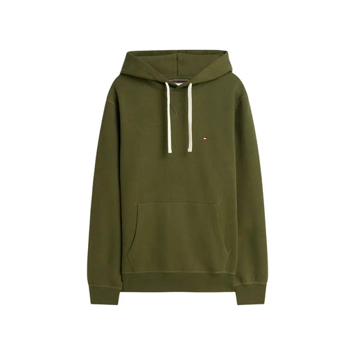 Tommy Hilfiger men green cotton hoodie sweatshirt with white drawstrings and small embroidered chest logo