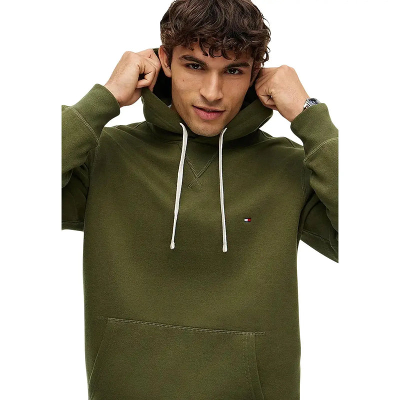 Olivgrüner Tommy Hilfiger Herren-Baumwoll-Hoodie mit weißen Kordelzügen und kleinem Brustlogo