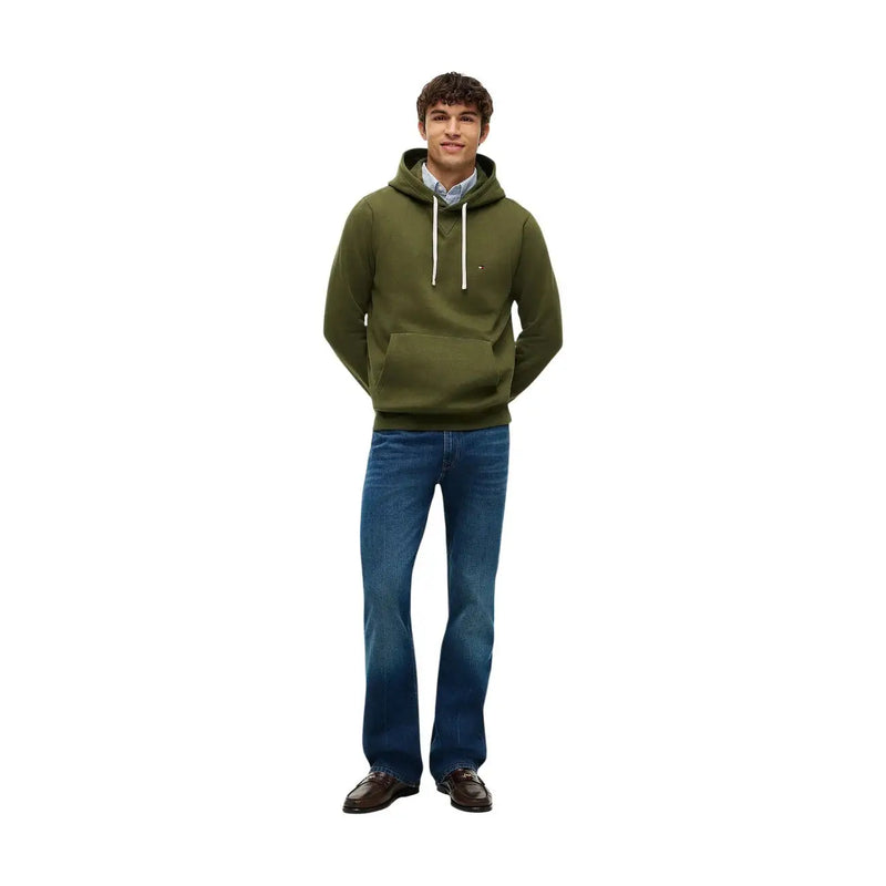 Tommy Hilfiger Herren-Hoodie aus grüner Baumwolle mit olivgrüner Kapuze, weißen Kordelzügen und kleinem Logo auf der Brust