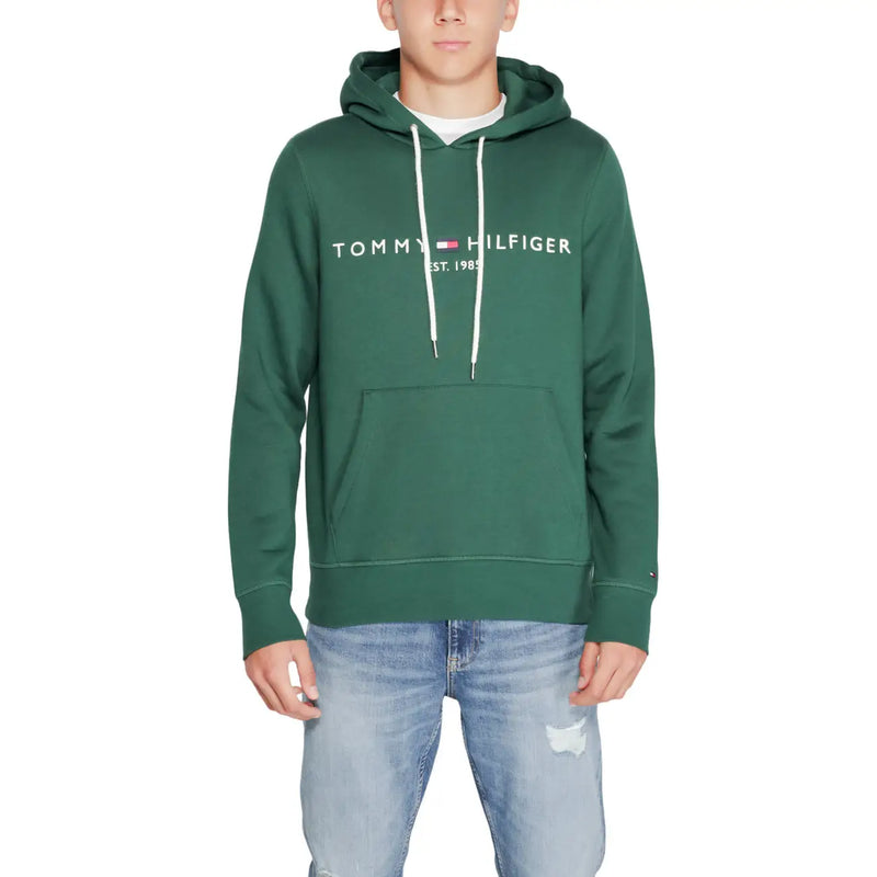 Tommy Hilfiger men green cotton hoodie sweatshirt with white drawstrings and front pocket in dark green color